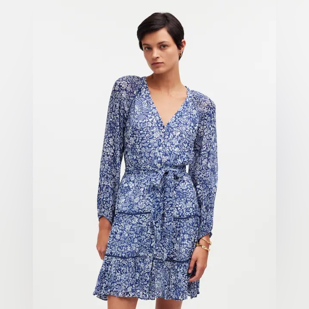 NWOT Madewell Blue Floral Tie-Waist Tiered Mini Dress With Long Sleeves Size 8